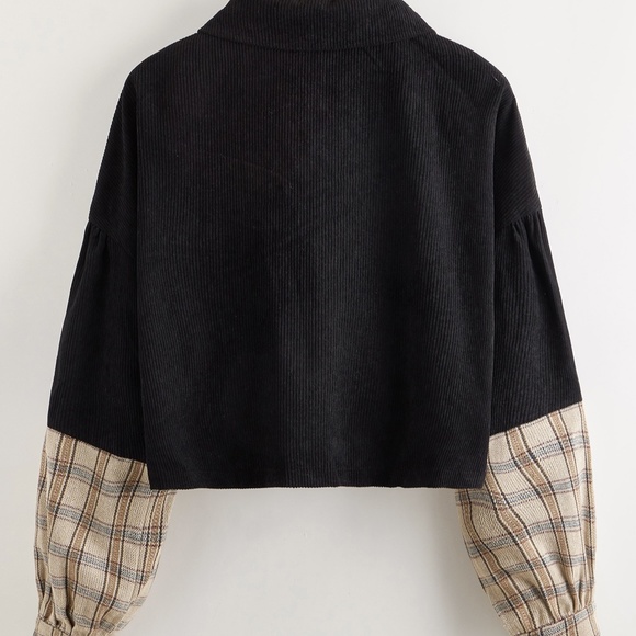 Corduroy plaid puff sleeve boyfriend jacket coat - Picture 6 of 7